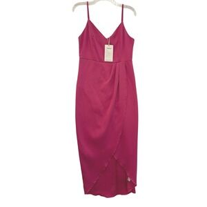 CMZ2005 Fuchsia Pink V-Neck Wrap Tulip Hem Midi Dress NWT Size Small